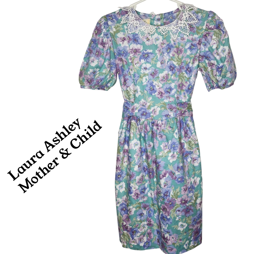 Vintage Laura Ashley Mother & Me Floral Kids Dress Lavender/Teal 100% Cotton
